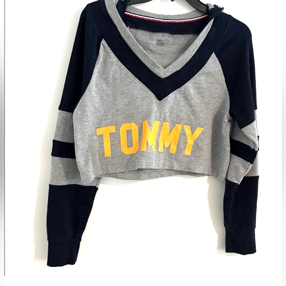Y2K Tommy Hilfiger Size S Cropped Navy, Gray & Gold Logo Hoodie